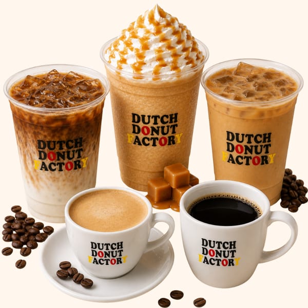 Assortment of Dutch Donut Factory coffee drinks: iced latte, caramel frappe, iced coffee, espresso, and black coffee.