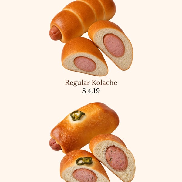 Regular kolaches and jalapeño kolaches, some sliced to show the sausage filling.