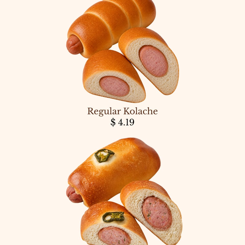 Regular kolaches and jalapeño kolaches, some sliced to show the sausage filling.