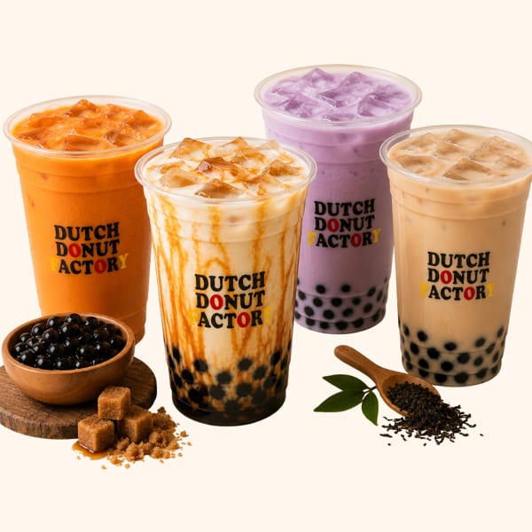 Four Dutch Donut Factory bubble teas: orange, caramel, purple taro, and brown sugar, with ingredients.