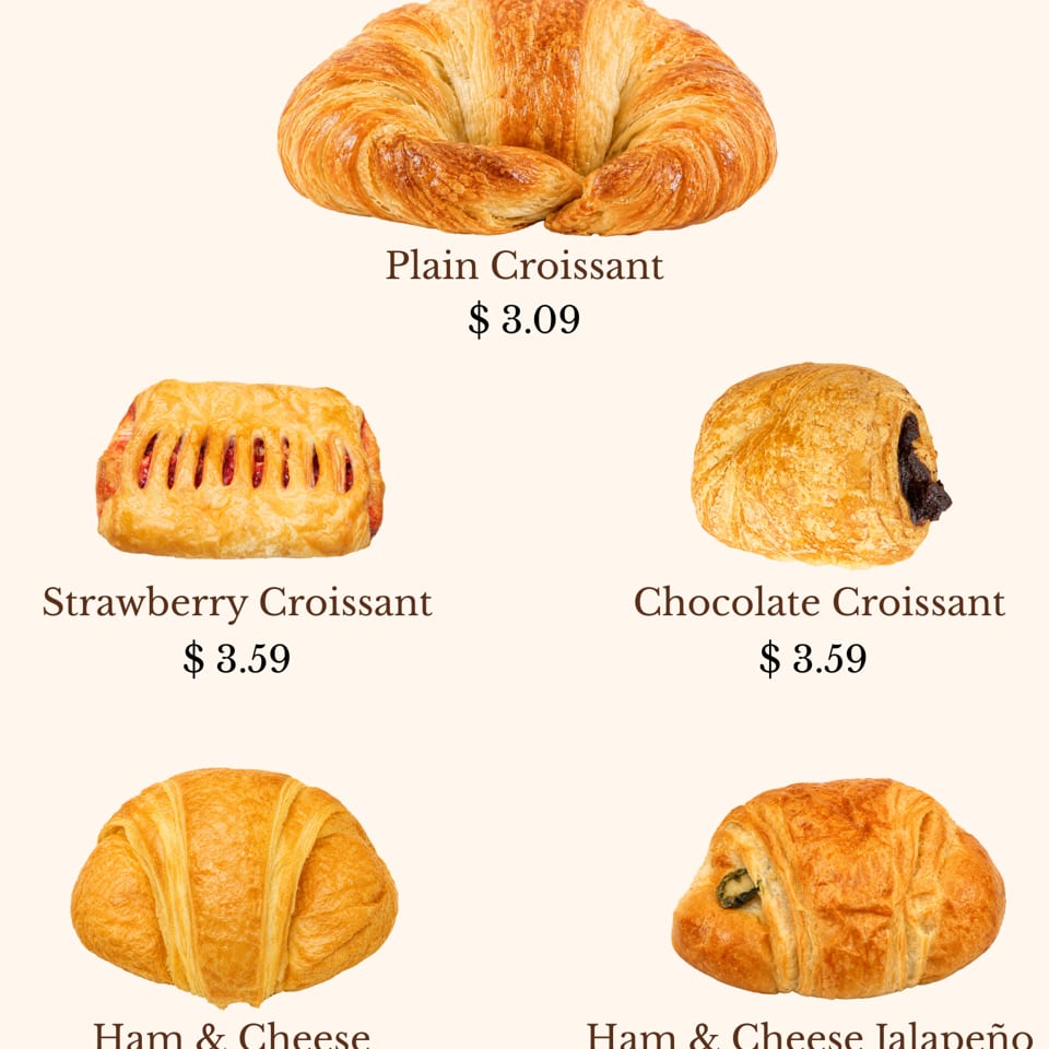 A menu displaying five different croissants: plain, strawberry, chocolate, ham & cheese, and ham & cheese jalapeño.