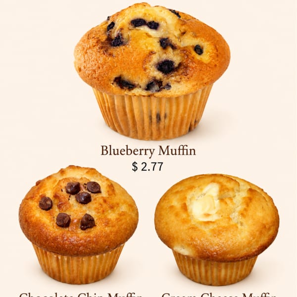 Three muffins: blueberry, chocolate chip, and cream cheese, with prices listed below each.