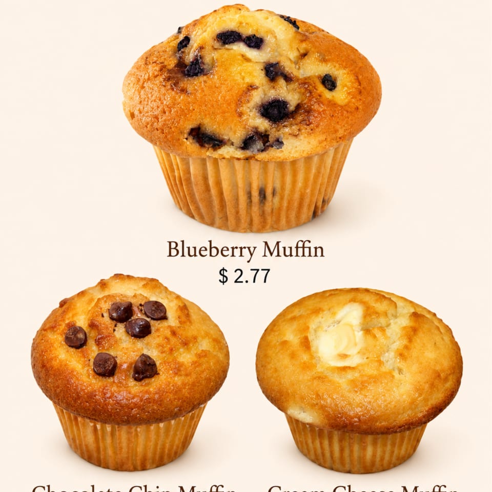 Three muffins: blueberry, chocolate chip, and cream cheese, with prices listed below each.