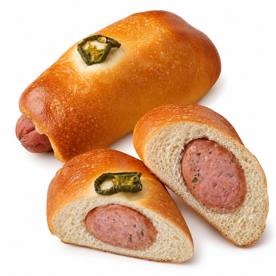 Three jalapeño cheddar kolaches, one whole and two cut in half, revealing the sausage inside.